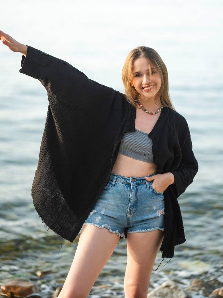 Moa – Großhandel Kimono – Damen – Kimono-Robe/Poncho aus Musselin, cremefarben, Evil Eye14