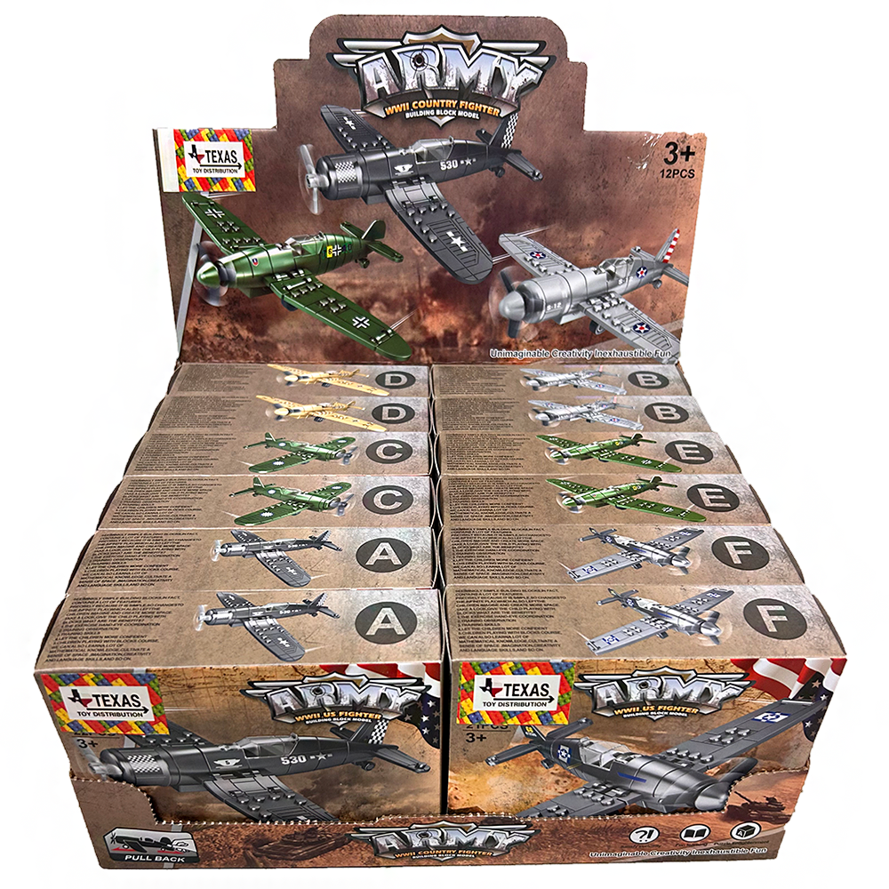 Texas Toy Distribution – wholesale Retailer display – Child & baby – WWII Fighter Plane Building Brick Pull-Back Display Set2