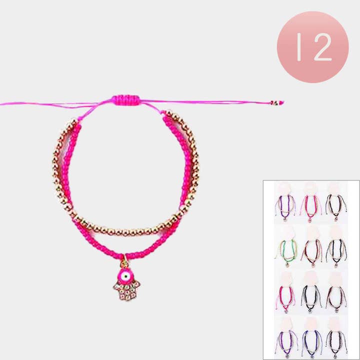 Sensibling Corp. - Wholesale Charm/Dangle Bracelet - 12PCS - Evil Eye Hamsa Charm Cinch Pull Tie Bracelets