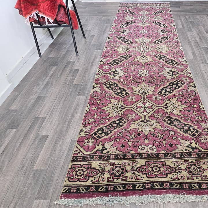 Hand-Knotted Wool Runner Rug: Vintage Floral Bohemian Decor (3.60x13.65 Feet) for wholesale by MesopotamiaRugs