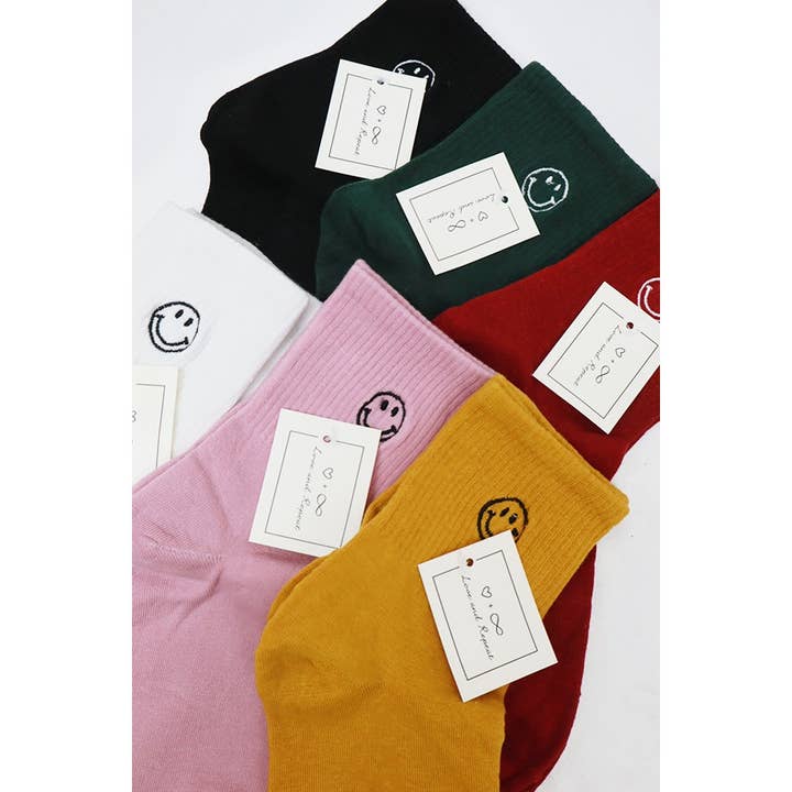 MIX COLOR Solid Smiley Embroidered All Year Long Socks for wholesale on Faire9