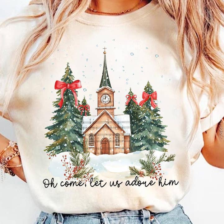 NVC Ecommerce LLC - Wholesale T-Shirt (Graphic) - Women's - Oh Come Let Us Adore Him Sweatshirt, Jesus Christmas Tee0