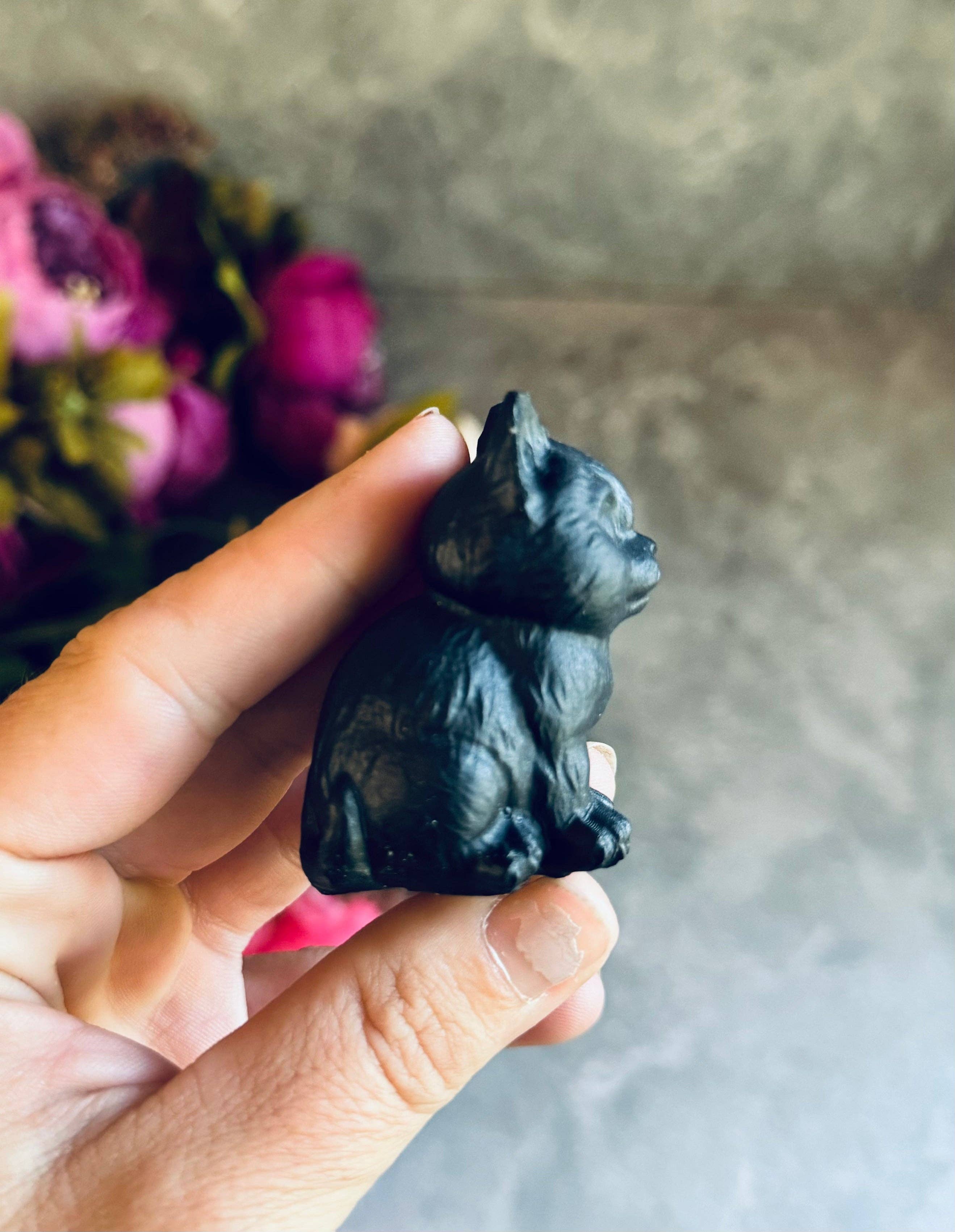 Mandala Gems – wholesale Dekorativ statyett – Butterbitna svarta obsidiankatter, mini svart katt, svart kristallkatt, häxig halloween-dekor3