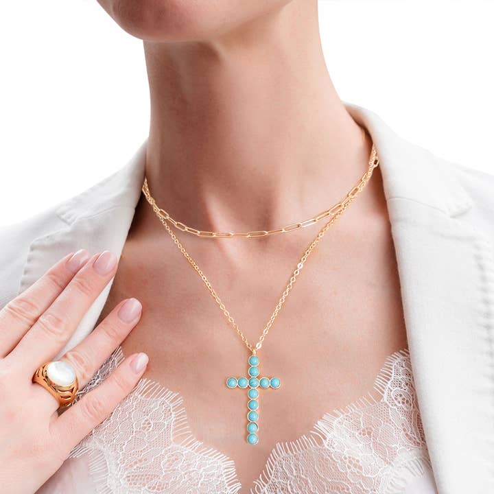 PinktownUSA - Wholesale Pendant/Charm Necklace - Gold Turquoise Stone Cross 2pc Necklace