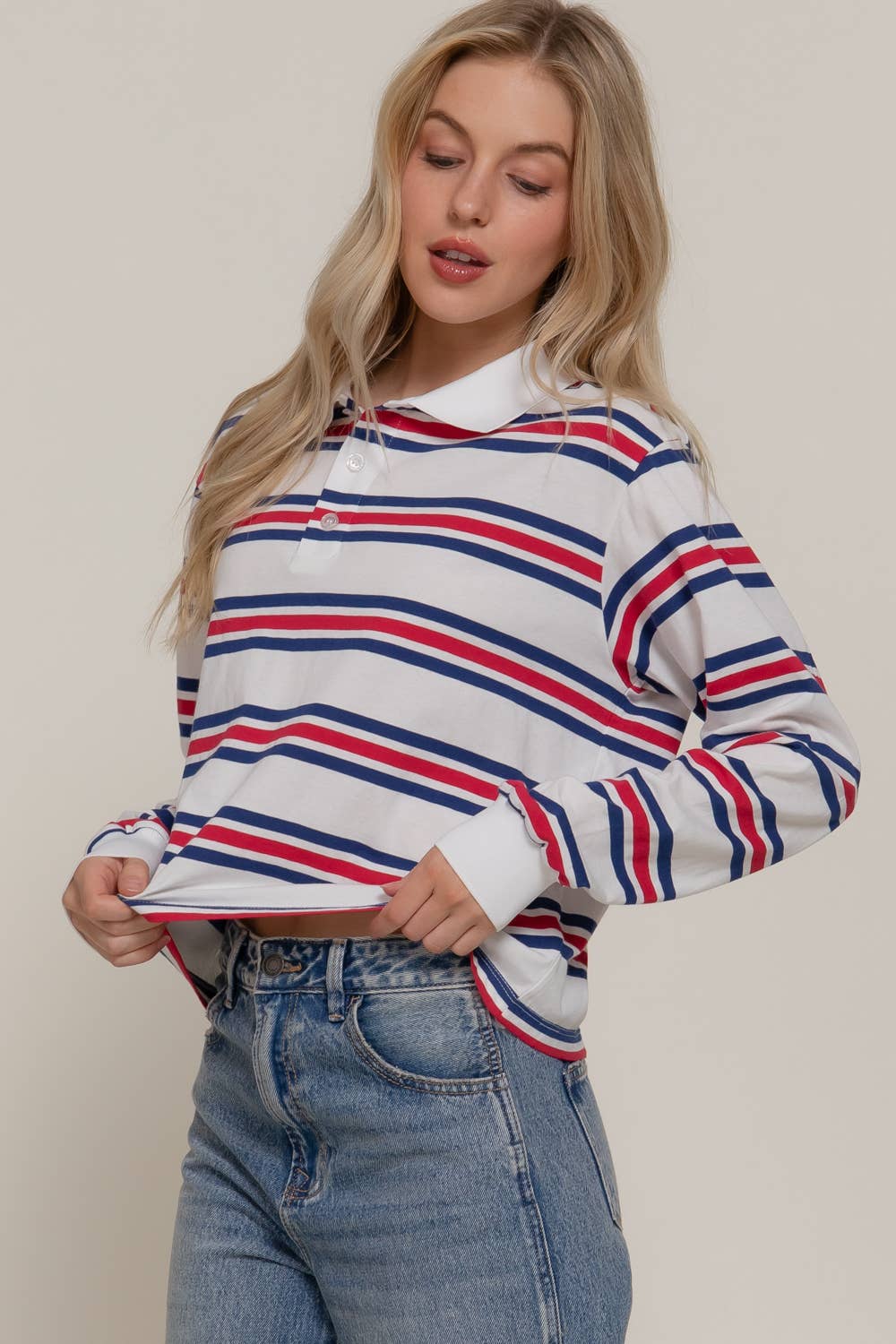 Active Basic | Active USA - Wholesale Polo - Women's - Long Sleeve Multi Stripe Polo Top10