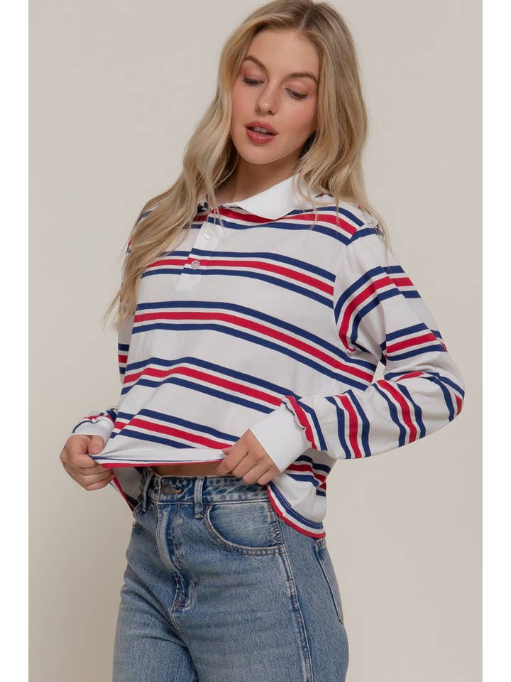 Active Basic | Active USA - Wholesale Polo - Women's - Long Sleeve Multi Stripe Polo Top10