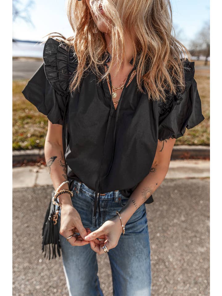 Black LDC Ruffled Puff Short Sleeve Loose Blouse for wholesale on Faire3