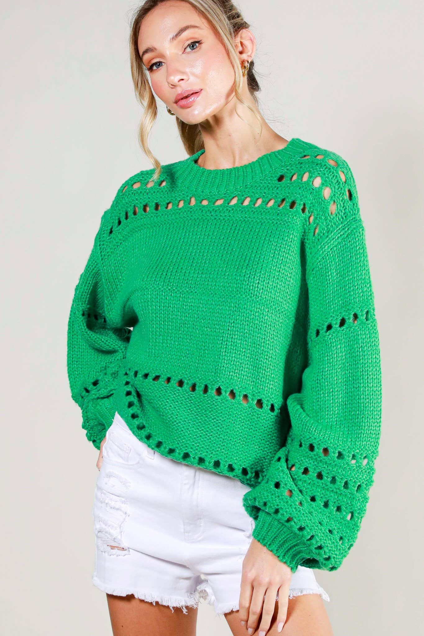 Vine & Love - Vente Pull en maille – femme - Pull en crochet à col rond et manches ballon en tricot ouvert VT5170324