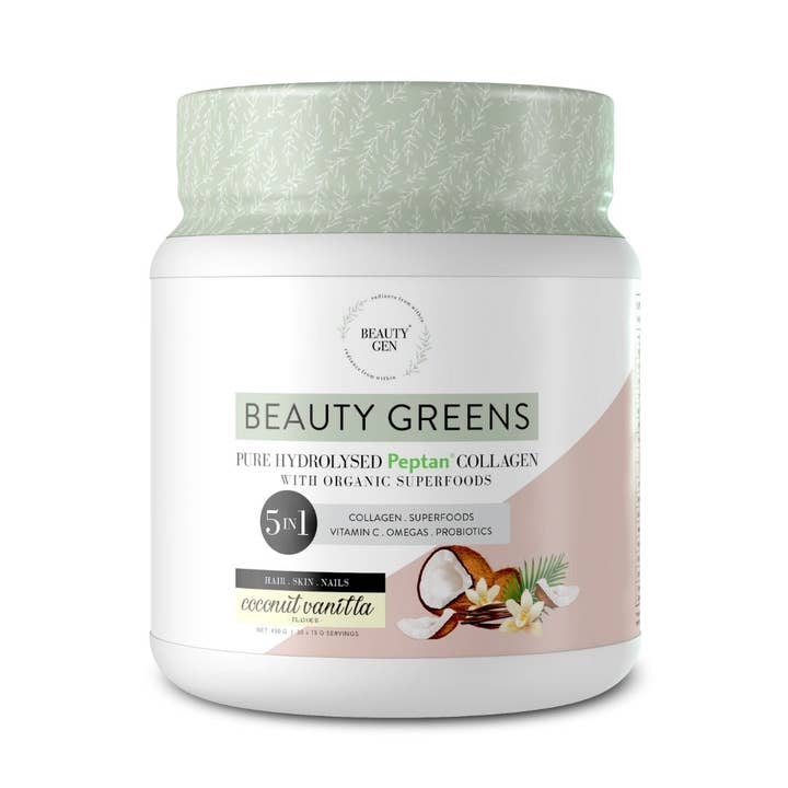 Kollagen Supergreens Blend Probiotika Kokos Vanilj 450g för wholesale av Beauty Gen