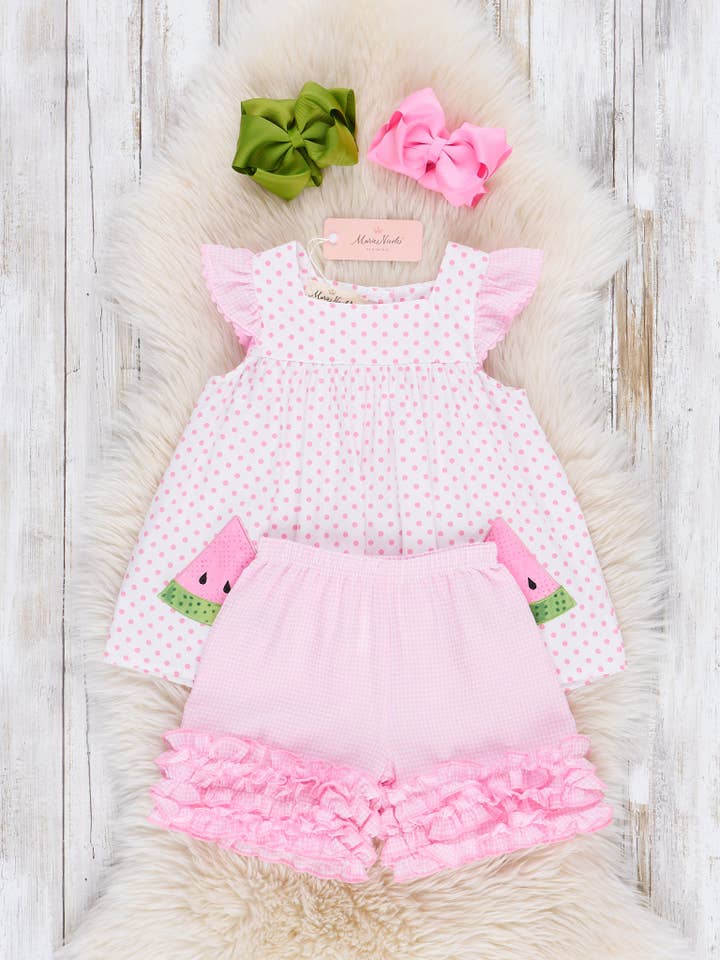 Marie Nicole Clothing - Wholesale Top & Short Set - Kids - Dotty Watermelon Embroidered Icing Ruffle Outfit1