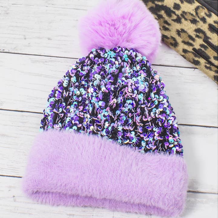 Sequin Fur Pom Fashion Beanie for wholesale by Suzie Q USA