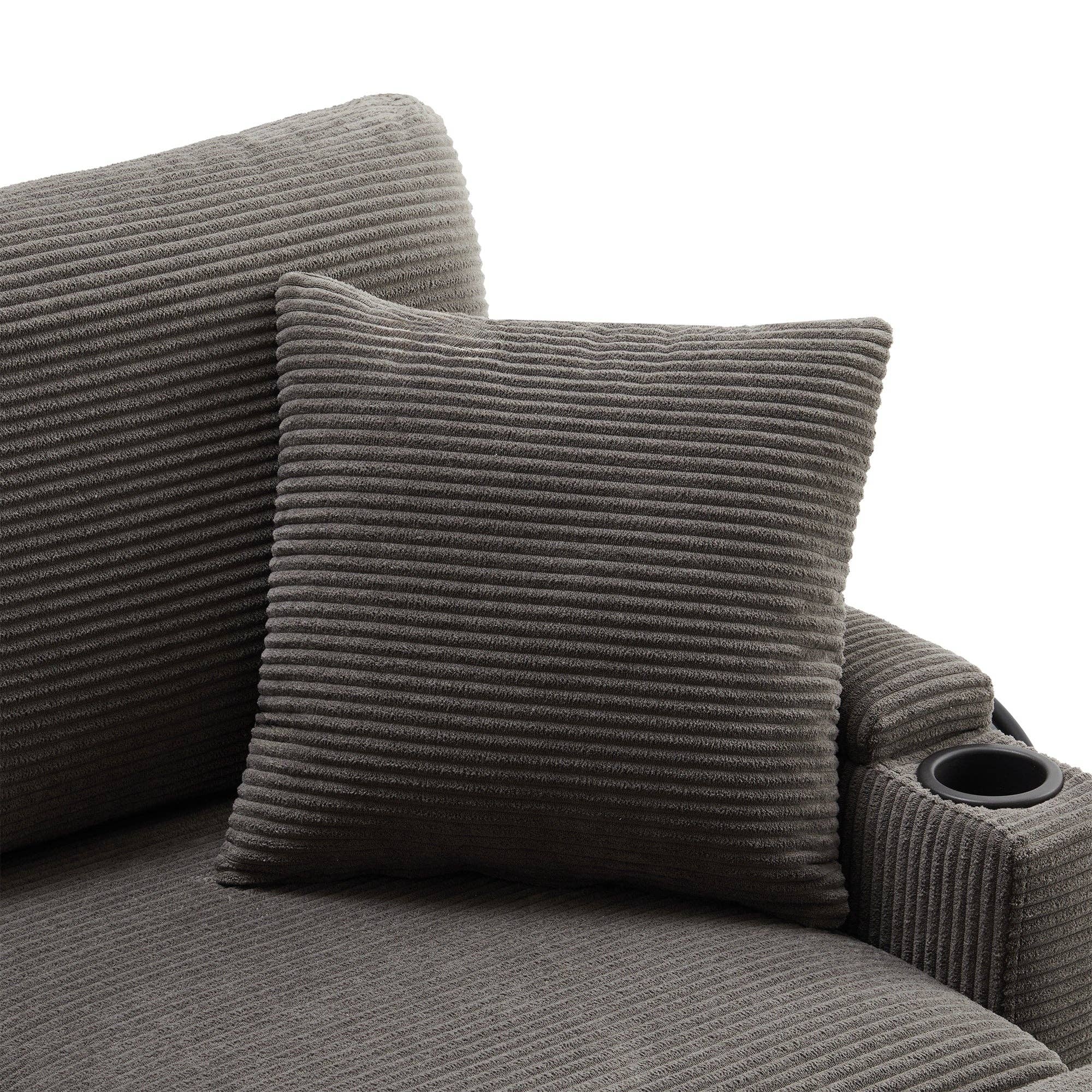 Urban Meuble - Wholesale Bank - Modulaire hoekbank in grijze ribfluweel, 3-4 zitplaatsen met afneembare poef, USB-poorten en bekerhouders GEYSERFOUNT18