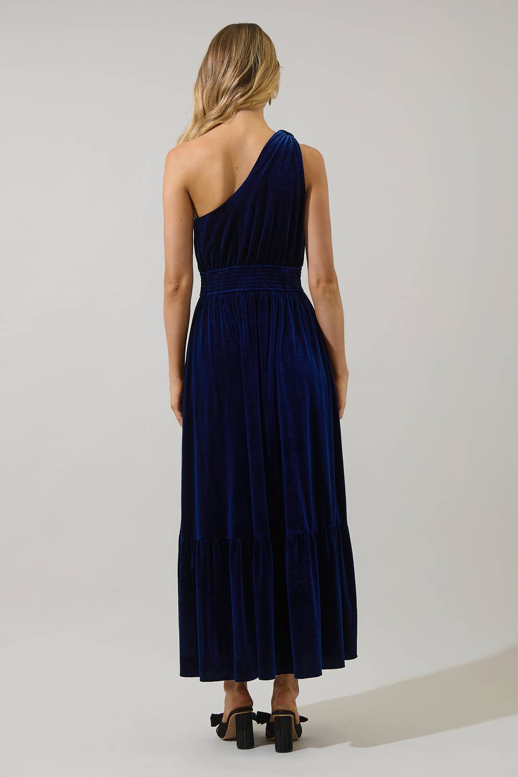 Navy Bevany Velvet Diley One Shoulder Maxi Dress for wholesale on Faire1