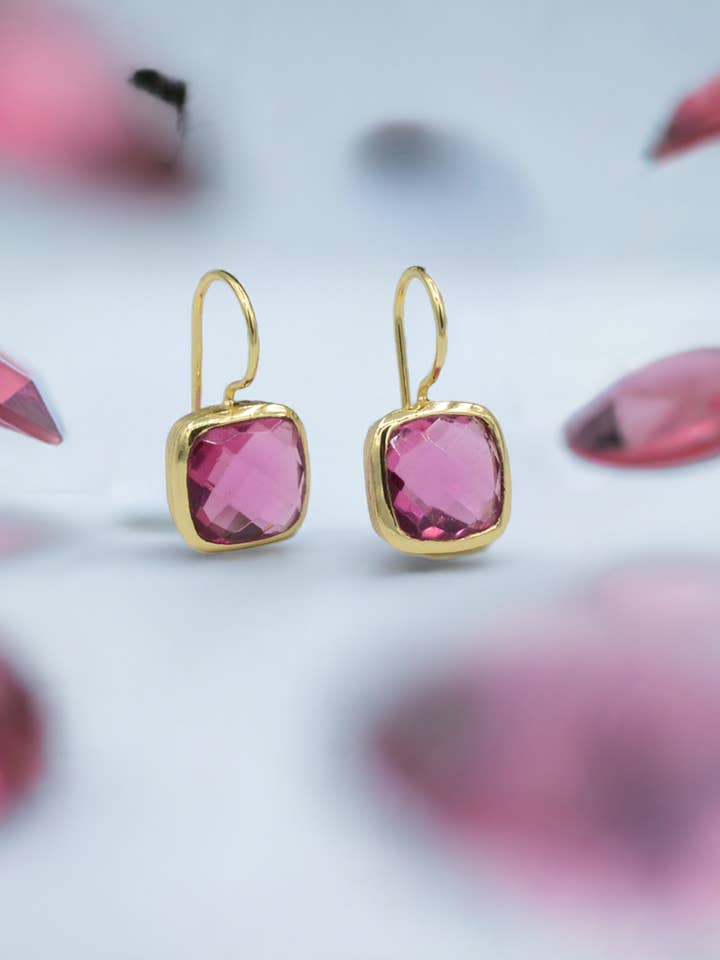 Gold cushion cut Pink Tourmaline Hydro earrings for wholesale by AJS Design Studio