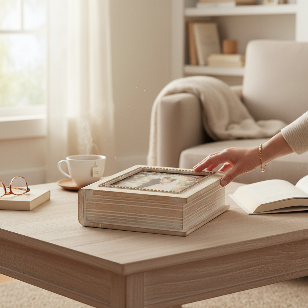 Wilco Home – wholesale Picture frame – Mango Wd Hinged Storage Box with Framed 8x10" Photo Display2