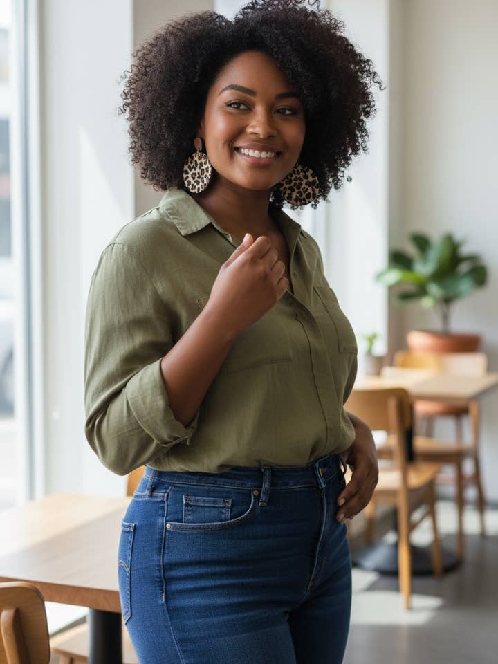 Øreringe i rund form af koskindslæder med leopardprint for engroshandel hos Rebecca Malcom LeatherWorks