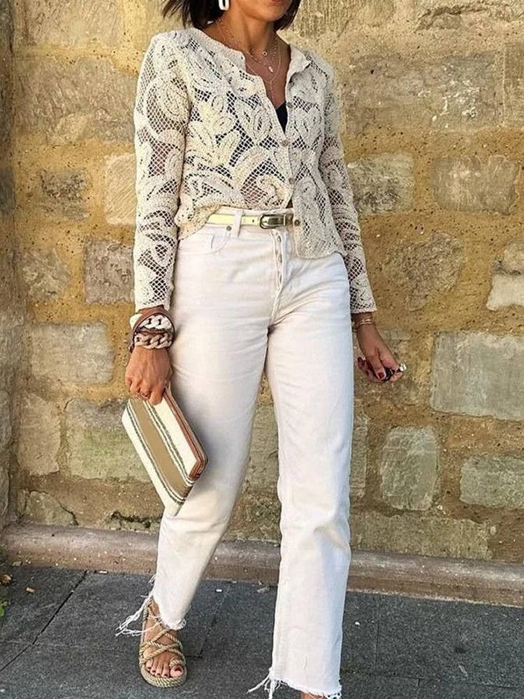 Beige Knit Button-Down Hollow Out Sweater Top for wholesale on Faire7