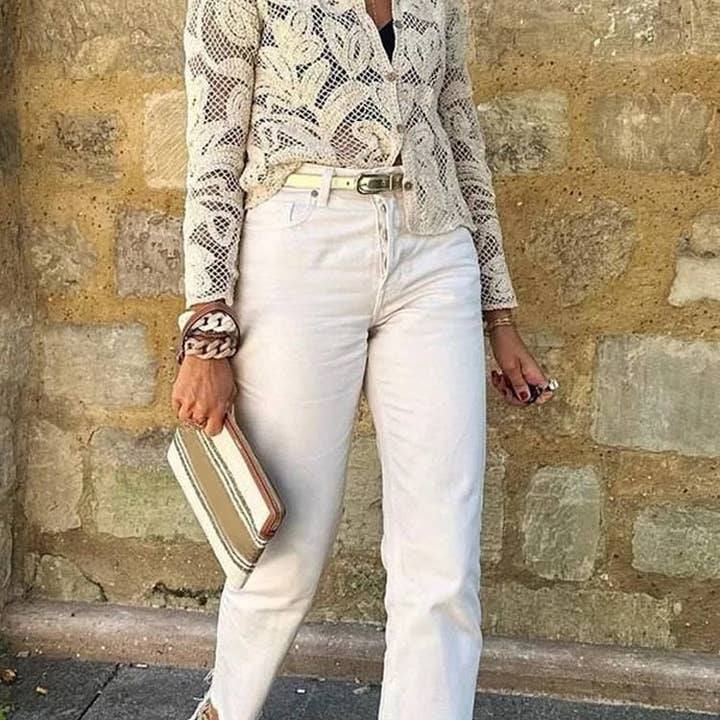 Beige Knit Button-Down Hollow Out Sweater Top for wholesale on Faire7