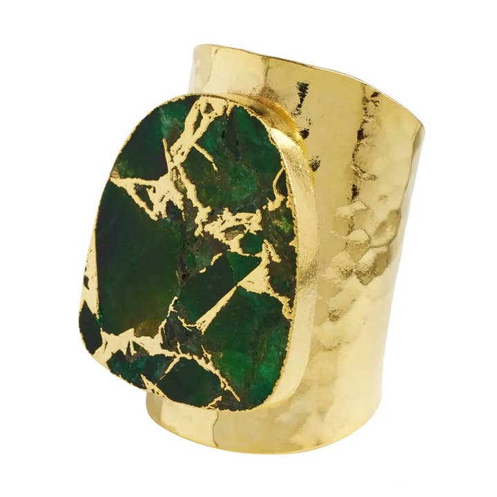 YAA YAA LONDON Longline 'Molten' Green Stone Gold Cuff Statement Ring for wholesale by YAA YAA LONDON