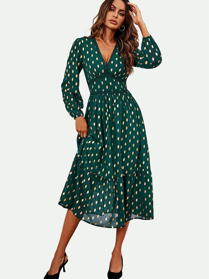 Lace Trim Foil Long Sleeve Maxi Dress In Green for wholesale on Faire3