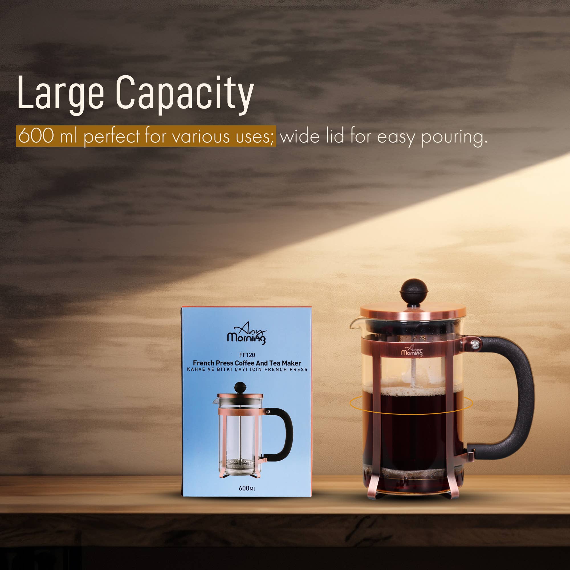 Biggbrands – wholesale French press – Any Morning French Press Coffee & Tea Maker 20 Oz (Copper)3