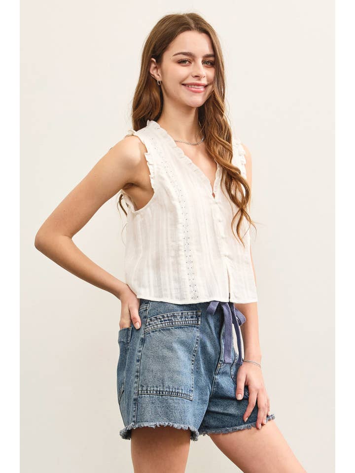 White RUFFLED V NECK BUTTON CLOSURE TOP for wholesale on Faire