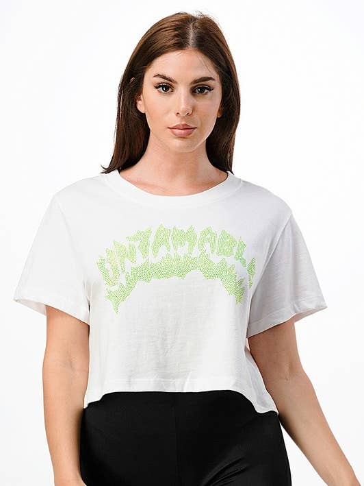 Untamable Rhinestone Crop Top for wholesale by Purple Candy Jeans