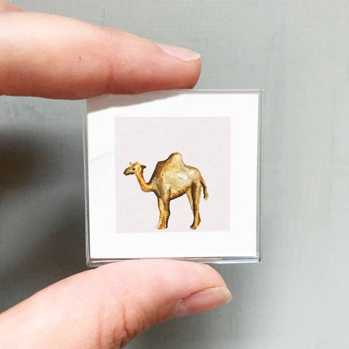 Mini 1" Camel Animal Tiny Watercolor Framed Art Print for wholesale by Mick's Art Goods