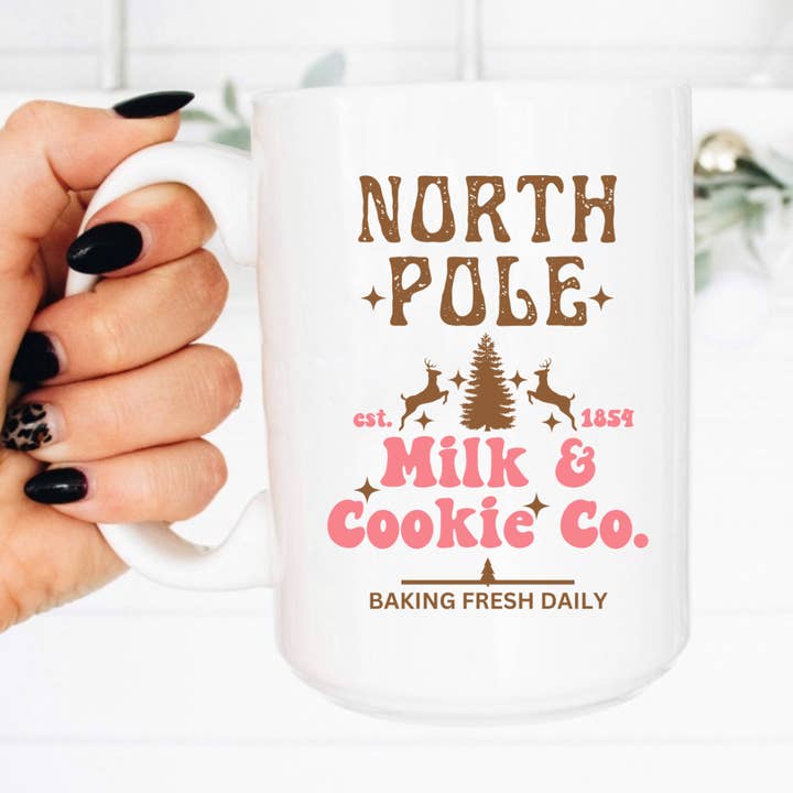 15oz Coffee Cup, North Pole, Milk and Cookies, Hot Cocoa Mug for wholesale by Boho Sips