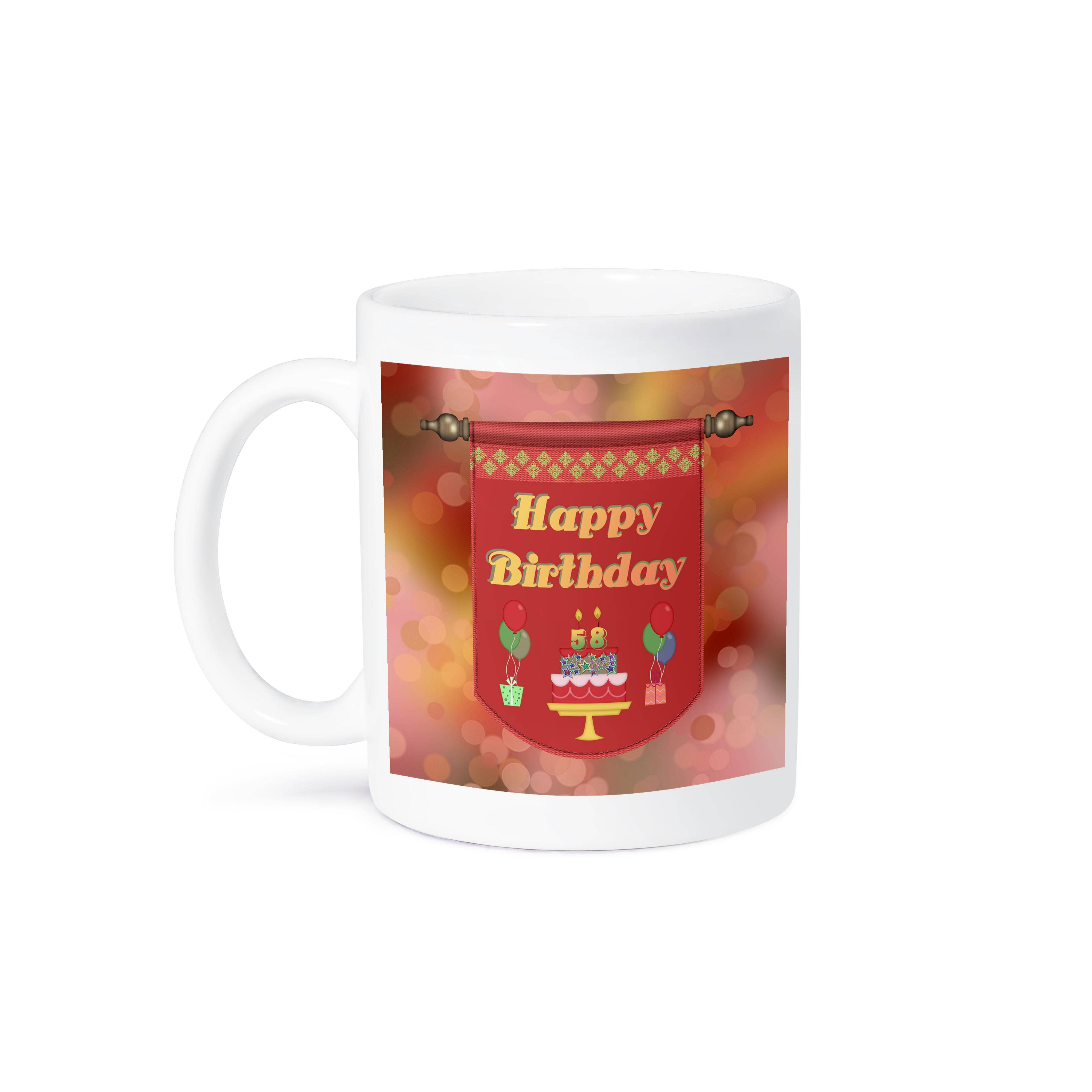3dRose - Wholesale Coffee Mug - 3dRose, Happy 58th Birthday Banner, Cake with Gifts and Balloons, Mug8