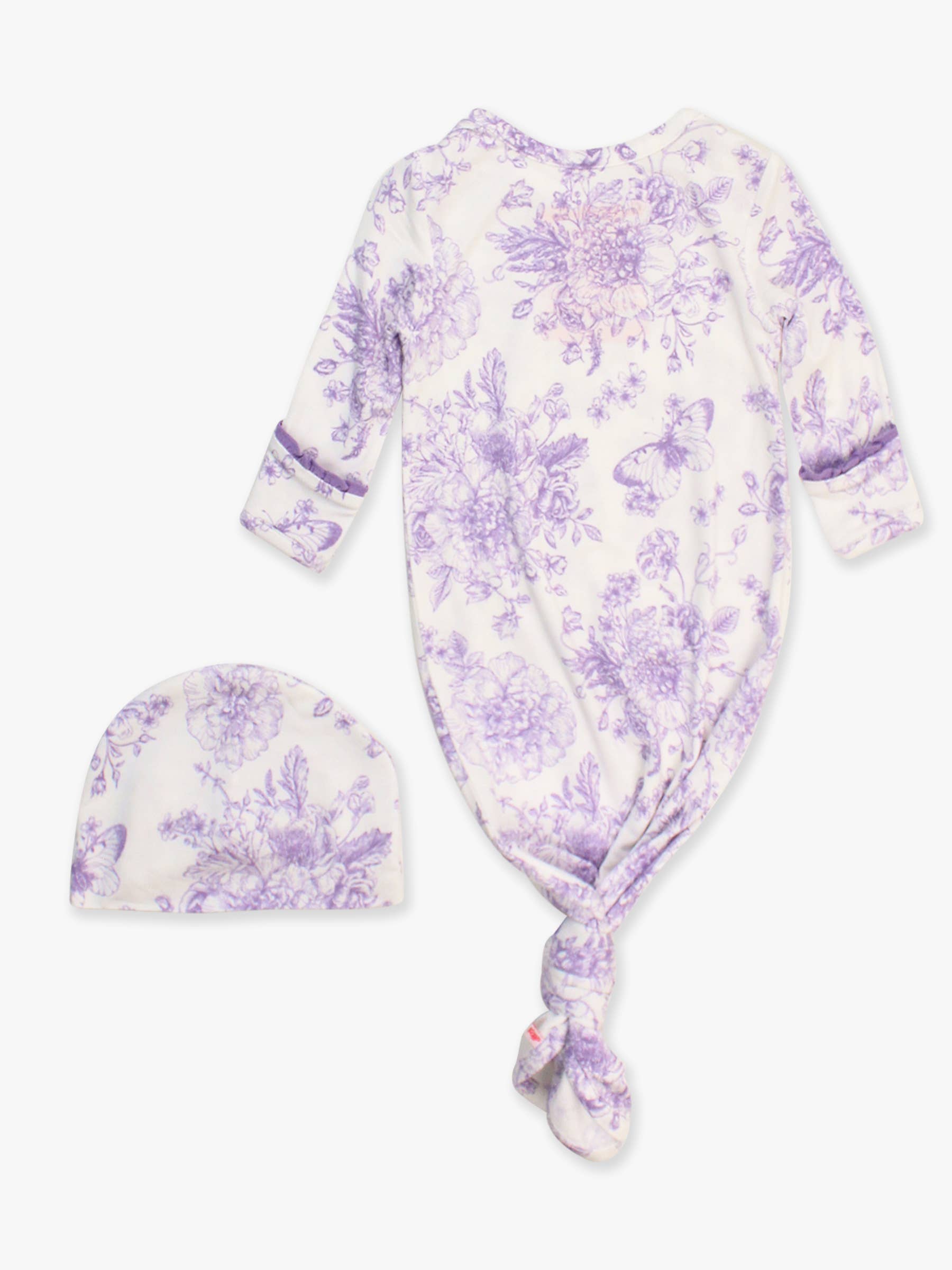SoftSnooze™ Baby Girls Bamboo Viscose Wisteria Purple Butterfly Garden Toile Ruffle Knotted Sleep Gown & Bow Hat Set for wholesale on Faire10