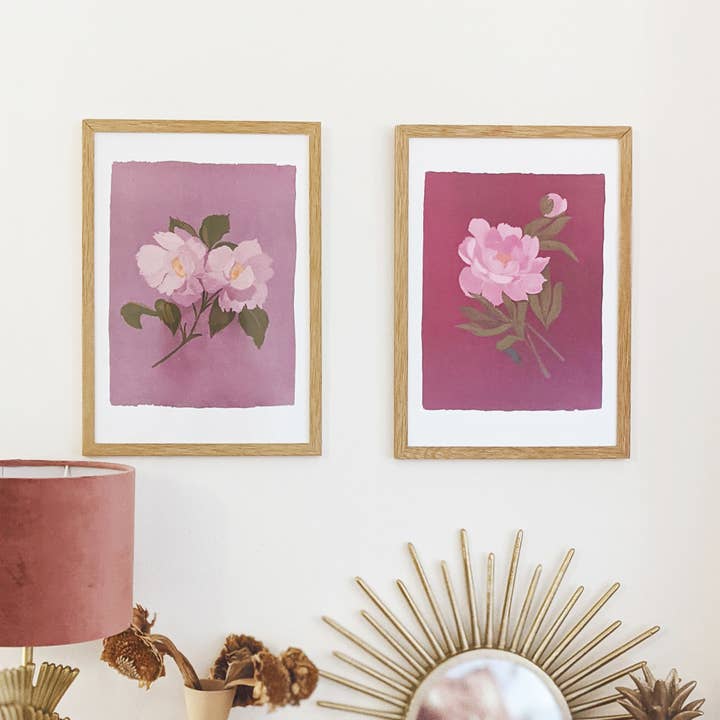 Pink and Purple Rose Floral Botanical Print, Unframed for wholesale by Annie Dornan Smith