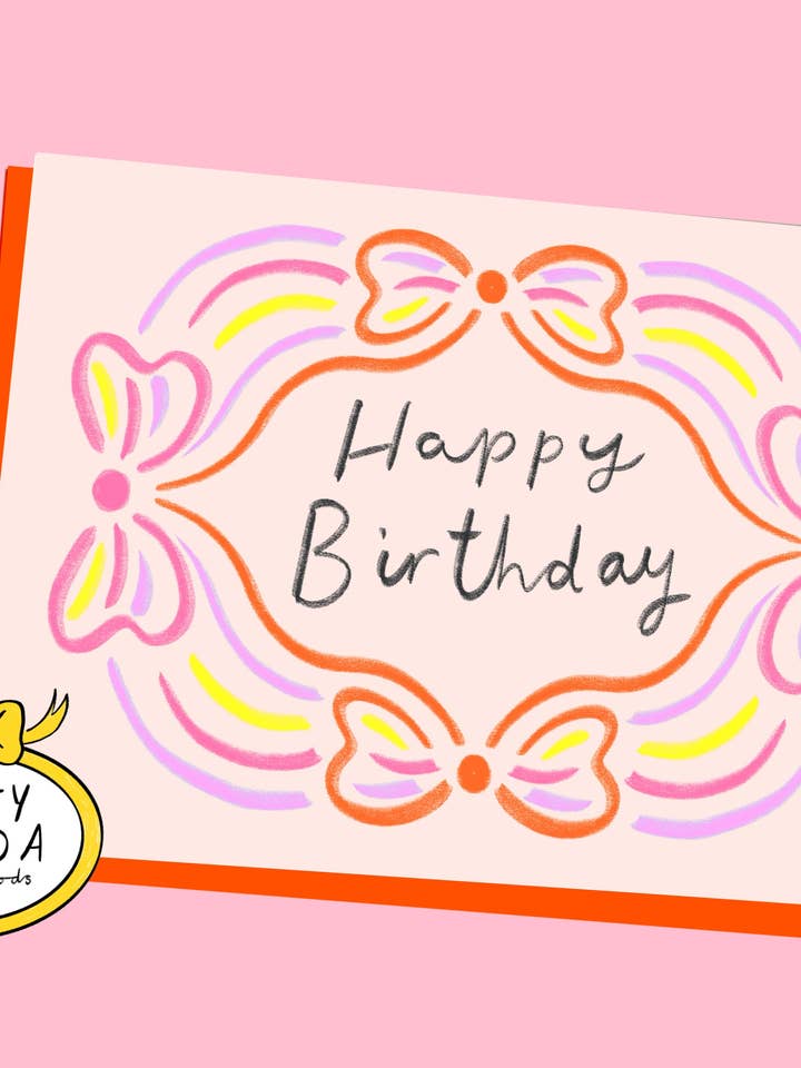 Happy Birthday Bright Bow Border Greeting Card for wholesale by Kitty Kenda Papergoods