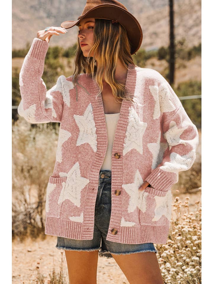 fashionworks - Wholesale Cardigan - Women's - Fashion-W Sherpa Star Textured Sweater Cardigan with Pockets