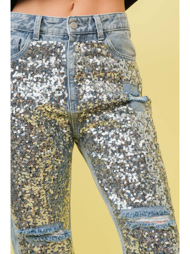 SILVER LIGHT WASH 34546P - Sequin Sprinkled Denim Jeans for wholesale on Faire