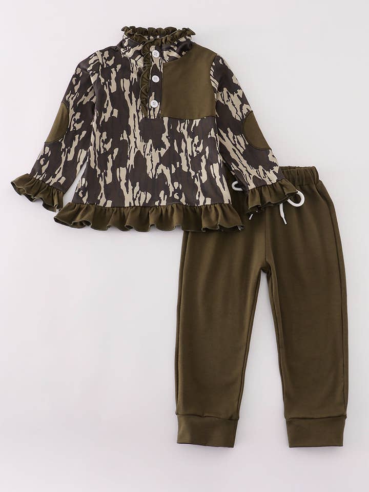 Camouflage print ruffle pants set for wholesale by Mom & Co.