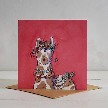 Flower Power Llama Greetings Card 'Lucille' - Red för wholesale av Helen Wiseman Illustration