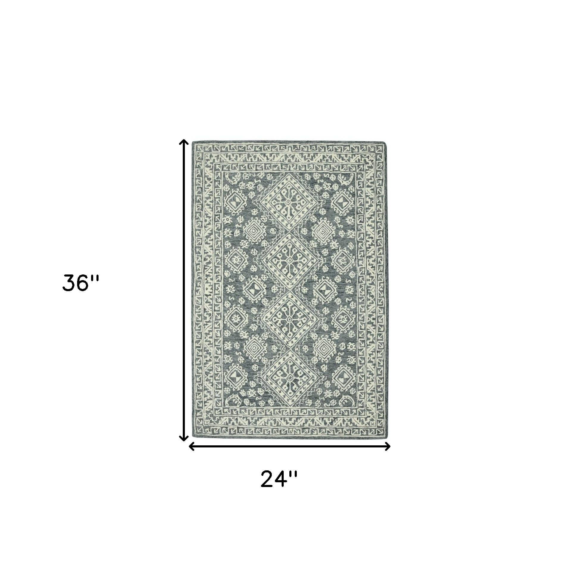 HomeRoots - Wholesale Area Rug - 2' X 3' Slate Gray And Ivory Wool Oriental Hand Hooked Area Rug2