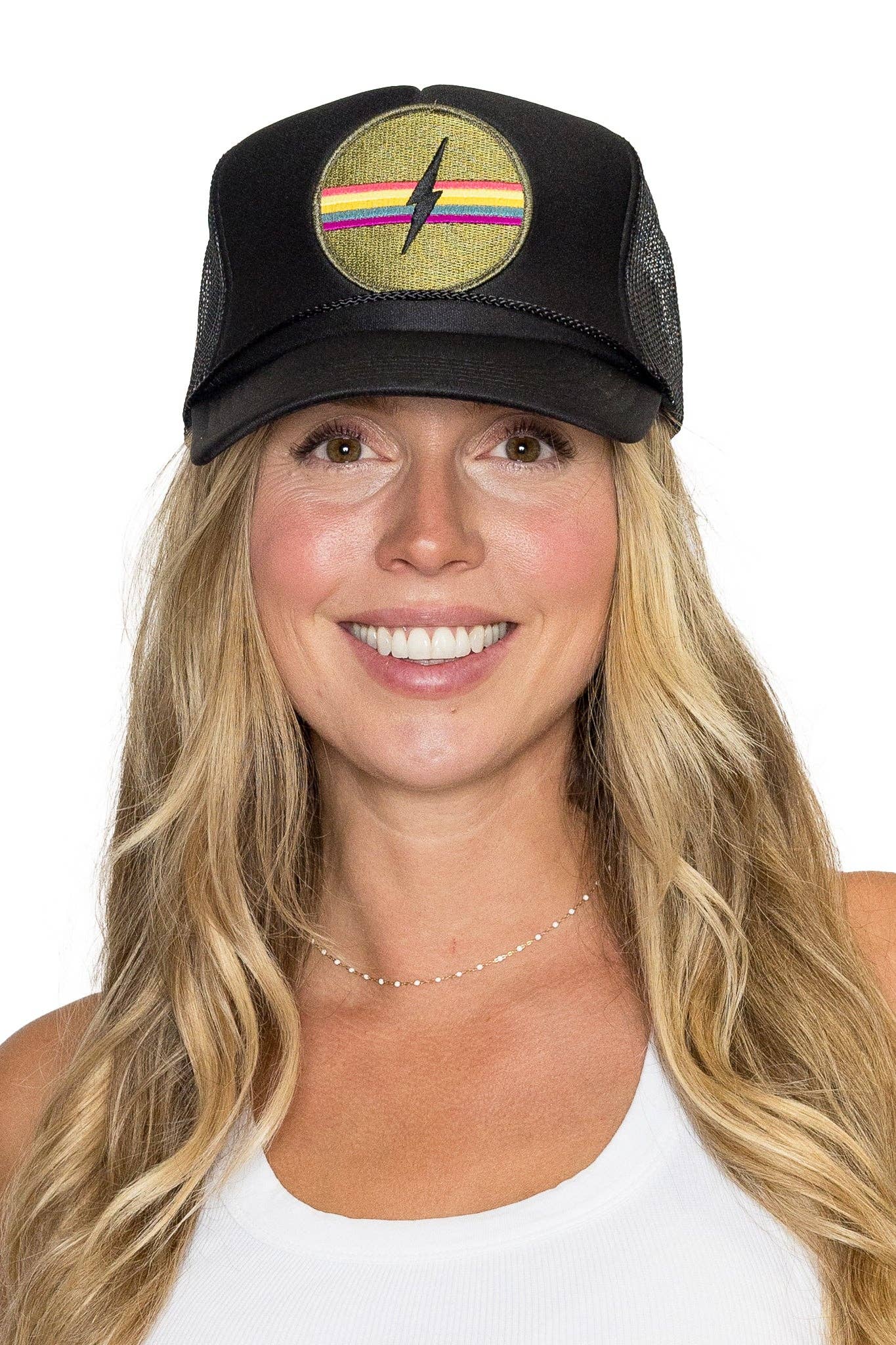 Electric Rainbow Trucker Hat in Black for wholesale on Faire4