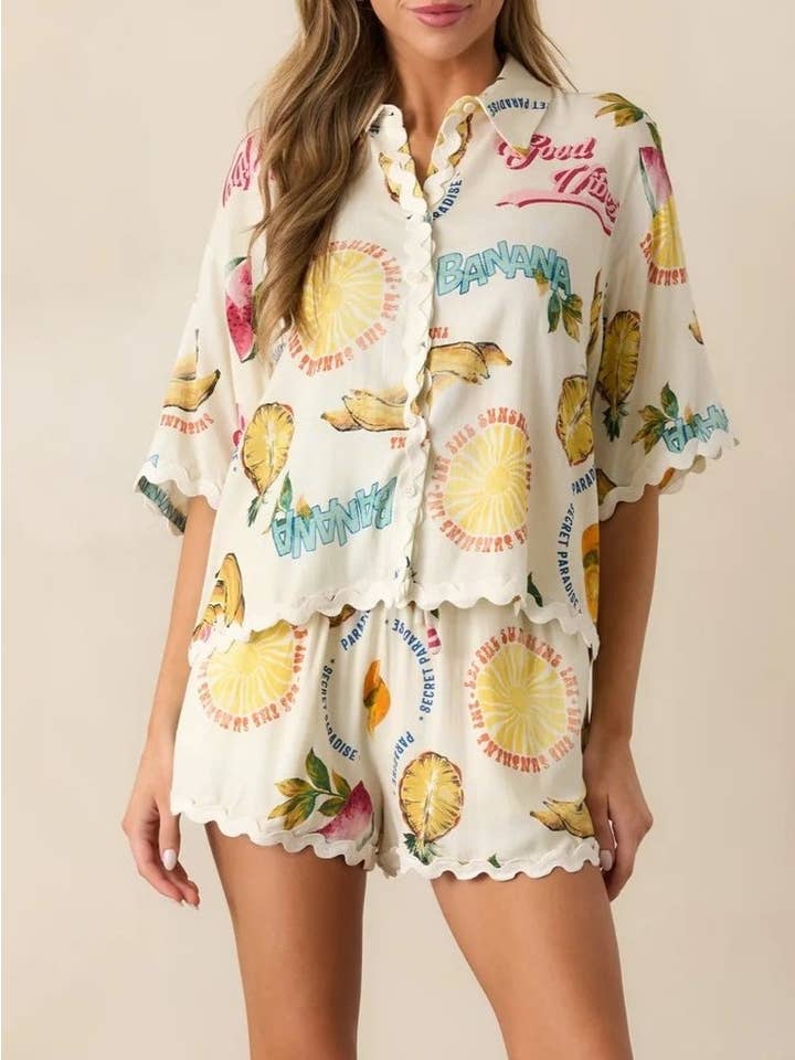 Multi Tropical Fruits Unique Print boxy Shirt & Shorts Resort Set for wholesale on Faire