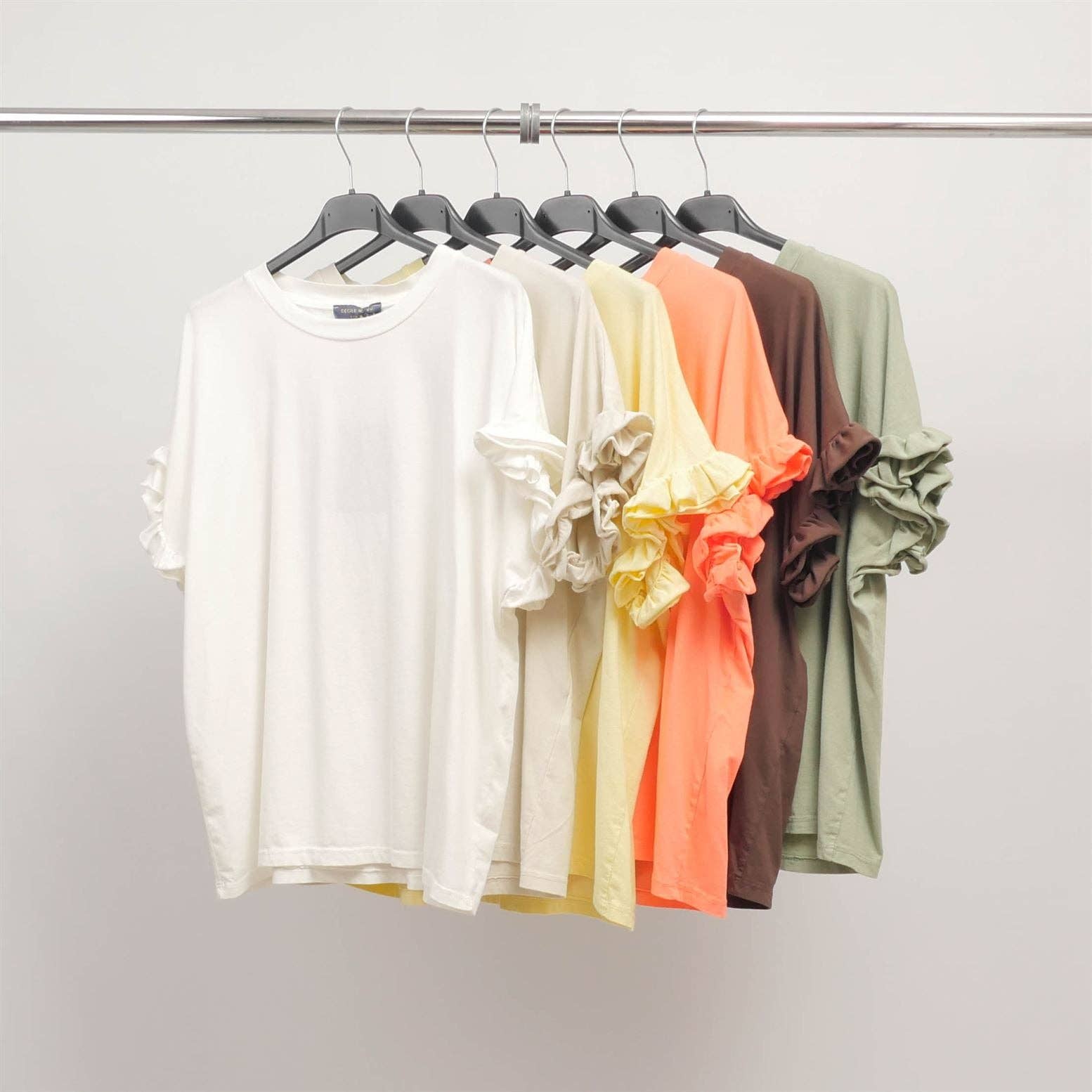 Cecile Wang - Wholesale T-Shirt - Women's - Ruffled sleeve stretch cotton T-shirt CM544491