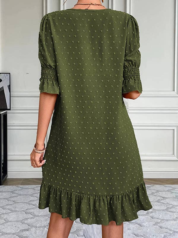 Plush Looks – Großhandel Kleid – Damen – A-Linien-Minikleider mit ausgestellten Ärmeln und elastischem Jacquardplissee, einfarbig, mit geteilten Gelenken und V-Ausschnitt6