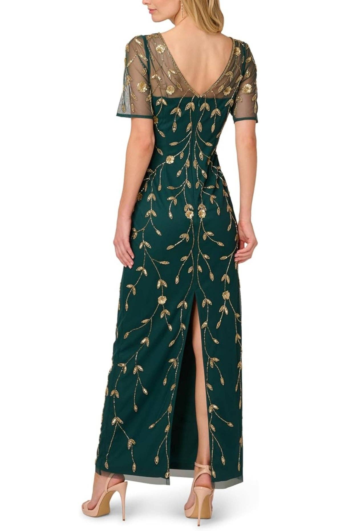 GRÖNT GULD Adrianna Papell Pärlbroderad Genomskinlig Mesh Blommotiv Overlay Illusion Båtringning Korta Ärmar V-Rygg Dragkedjestängning Fåll Bak Slits Fodralklänning Maxi för wholesale på Faire1