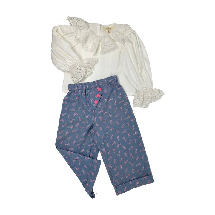 Girls Embroidery neck top and rose-printed wide leg pants set for wholesale by Koochické