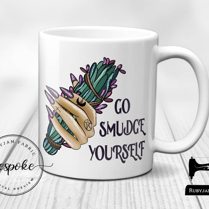 Rubyjam Fabric - Wholesale Coffee mug - Go Smudge Yourself, White Mug, 11oz