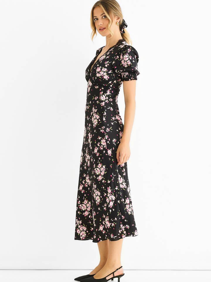 GINI LONDON - Vente Robe – femme - Robe midi biaisée noire à fleurs avec bordure en dentelle4