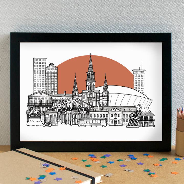 New Orleans Skyline Landmarks Art Print - unframed for wholesale by Becka Griffin Illustration