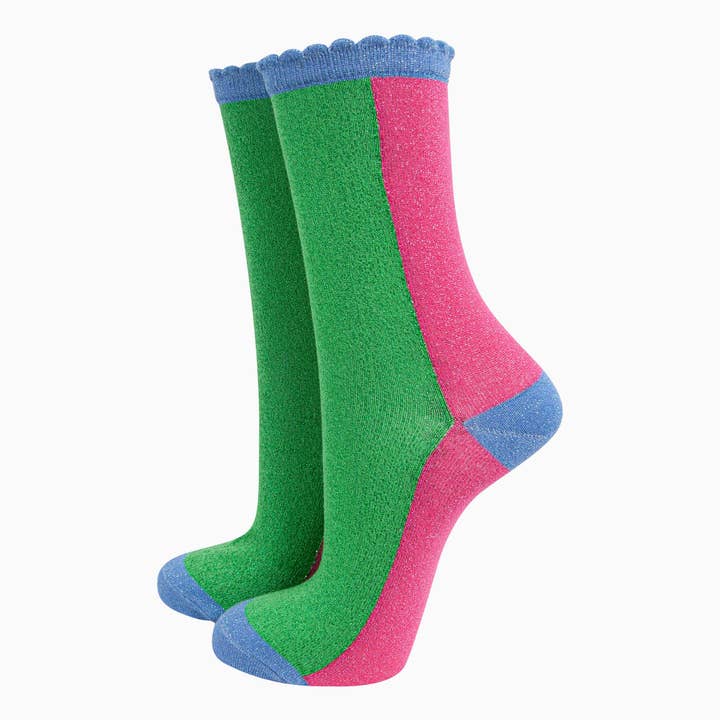 Chaussettes à paillettes pour femmes - Citron vert/Rose vif, Bloc de couleur pour la vente par Sock Talk