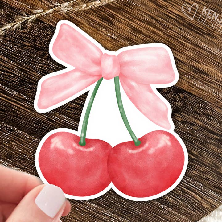 Kirsebær med lyserøde sløjfe klistermærker og magneter/Soft Girl Era for engroshandel hos Kenjia Design
