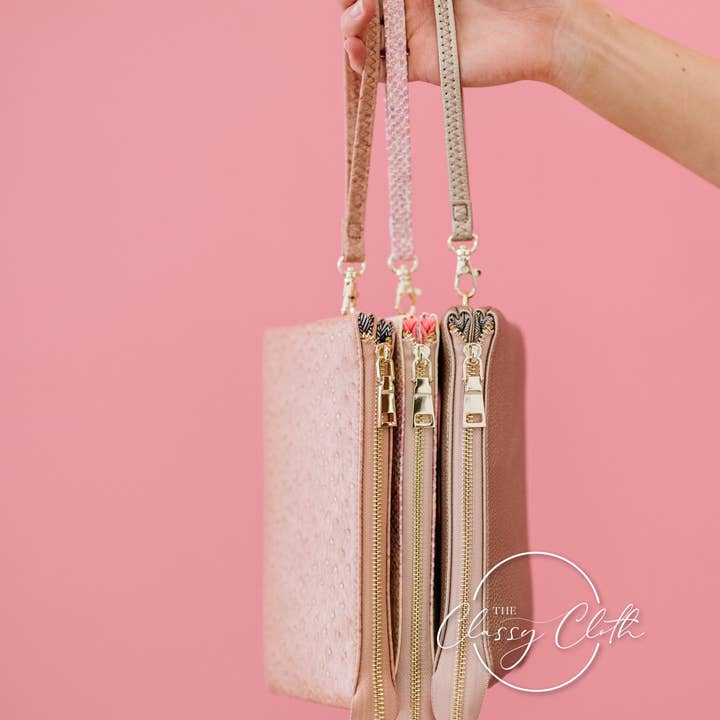The Classy Cloth WS - Wholesale Crossbody Bag - Women's - Charlotte Crossbody Clutch - Mauve Ostrich RTS